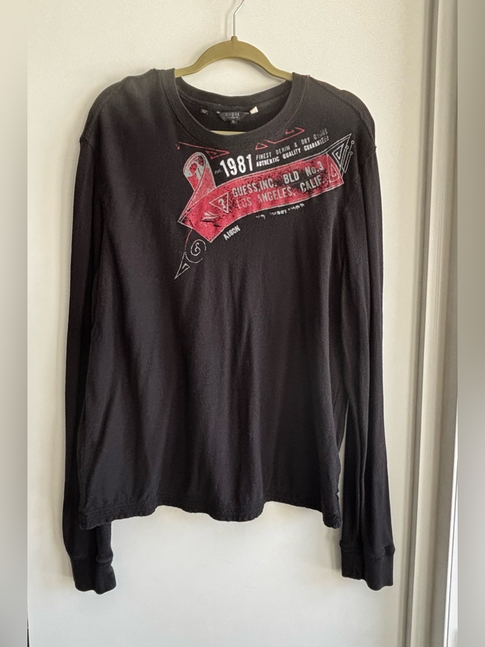 Guess Black Long Sleeve Tee with Red Graphic, Vintage